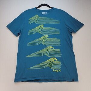 Hurley Graphic T-Shirt Mens Large Teal Blue Surf Wave Premium Fit Cotton